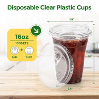 Glotoch Express Clear Plastic Cups with Lids, [100 Sets - 24oz] Disposable Crystal Iced Coffee Cups - Strawless Sip Lids - Sturdy To Go Cup for Smoothie, Cold Drinks, Juice - 7DAY'S
