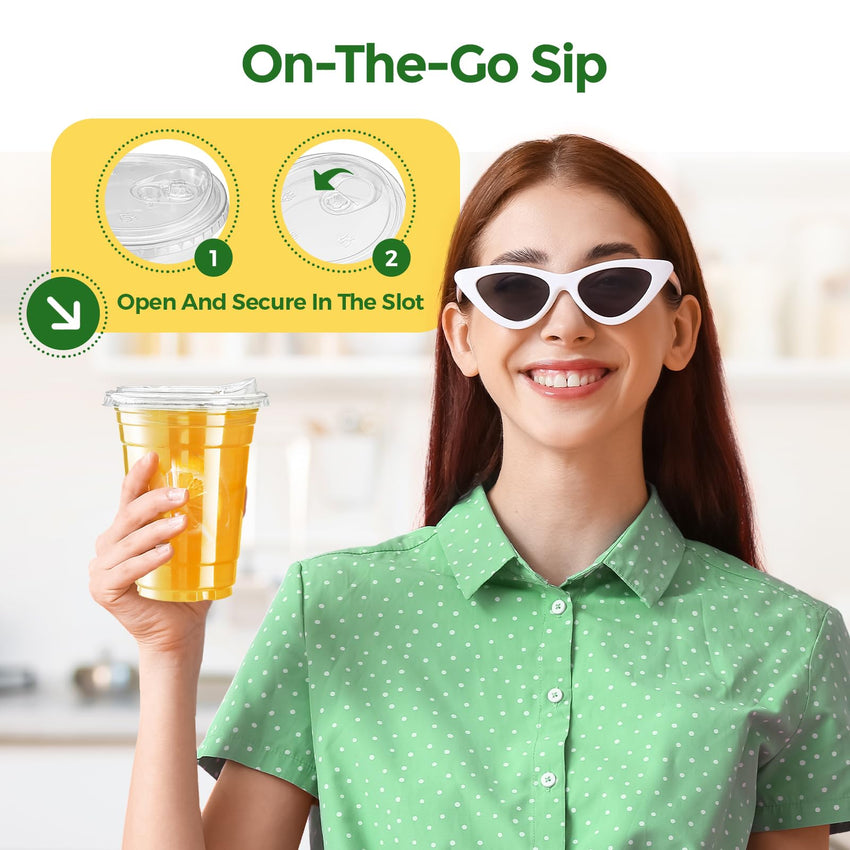 Glotoch Express Clear Plastic Cups with Lids, [100 Sets - 24oz] Disposable Crystal Iced Coffee Cups - Strawless Sip Lids - Sturdy To Go Cup for Smoothie, Cold Drinks, Juice - 7DAY'S