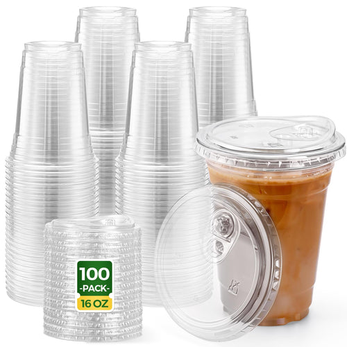 Glotoch Express Clear Plastic Cups with Lids, [100 Sets - 24oz] Disposable Crystal Iced Coffee Cups - Strawless Sip Lids - Sturdy To Go Cup for Smoothie, Cold Drinks, Juice - 7DAY'S