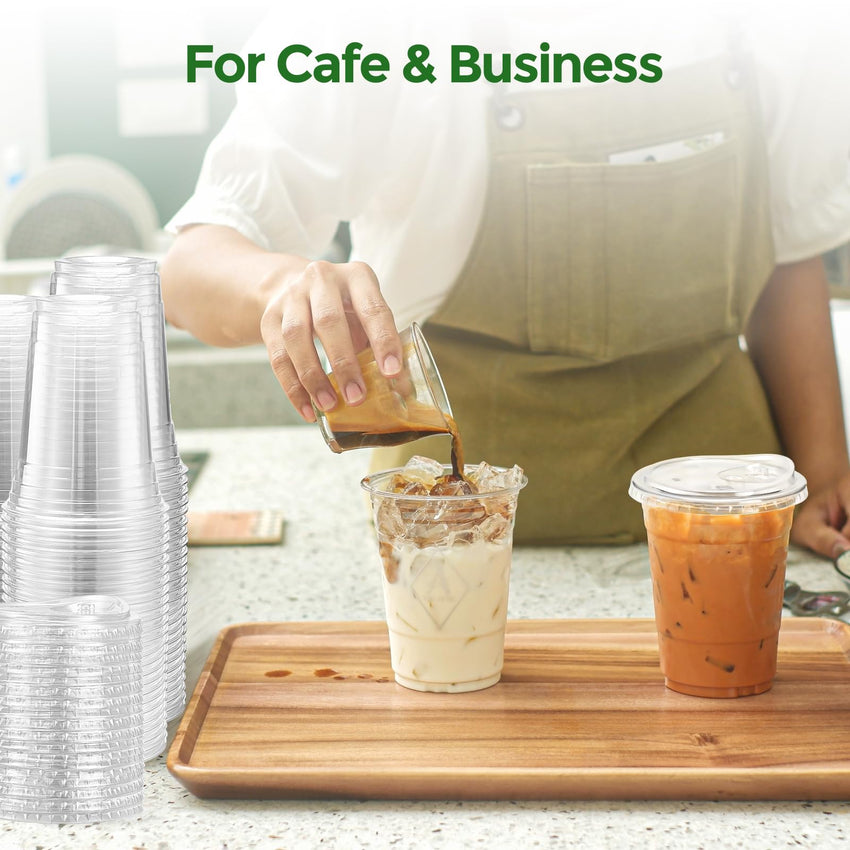 Glotoch Express Clear Plastic Cups with Lids, [100 Sets - 24oz] Disposable Crystal Iced Coffee Cups - Strawless Sip Lids - Sturdy To Go Cup for Smoothie, Cold Drinks, Juice - 7DAY'S