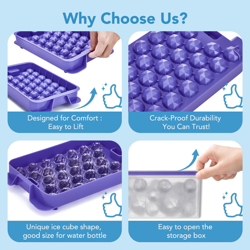 Glotoch Ice Cube Tray for Freezer with Bin BPA Free Plastic, Round Diamond Shape Mini 1 Inch Ice Cube for Coffee,Whiskey,Cocktail, Easy Release Ice Cube Mold Set of 2 (Total 62 Mini Ice Balls) - 7DAY'S