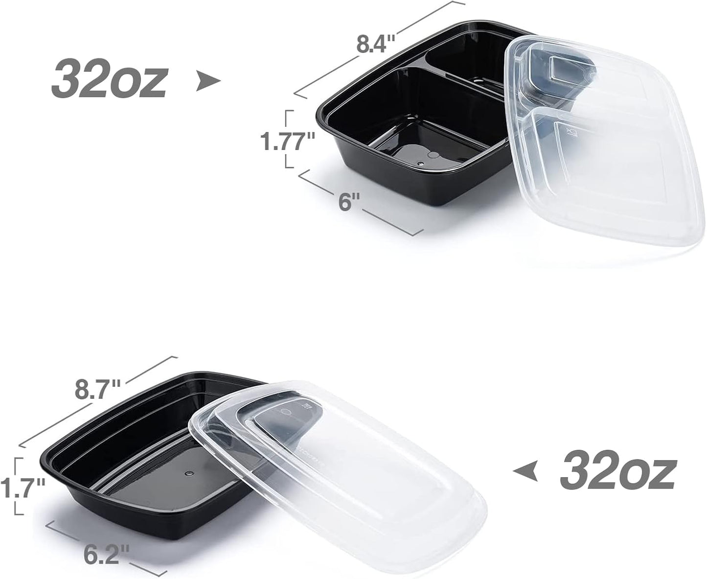 Glotoch Meal Prep Container,100Pack 1,2 Compartment Reusable Food Storage Containers For Lunch, Leftover.Disposable Black Plastic Containers With Lids To Go Container - BPA - Free Microwave Safe 32oz - 7DAY'S