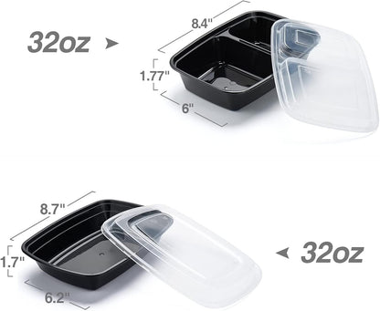 Glotoch Meal Prep Container,100Pack 1,2 Compartment Reusable Food Storage Containers For Lunch, Leftover.Disposable Black Plastic Containers With Lids To Go Container - BPA - Free Microwave Safe 32oz - 7DAY'S