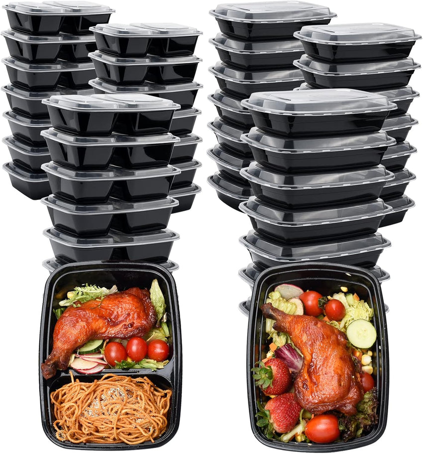 Glotoch Meal Prep Container,100Pack 1,2 Compartment Reusable Food Storage Containers For Lunch, Leftover.Disposable Black Plastic Containers With Lids To Go Container - BPA - Free Microwave Safe 32oz - 7DAY'S