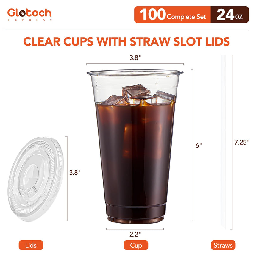 Glotoch Plastic Iced Coffee Cups with Lids and Straws [100 Sets - 16oz] Disposable Clear Crystal Plastic Cups with Lids BPA Free Small To Go Cold Cup for Cold Drinks, Milkshake, Juice - 7DAY'S