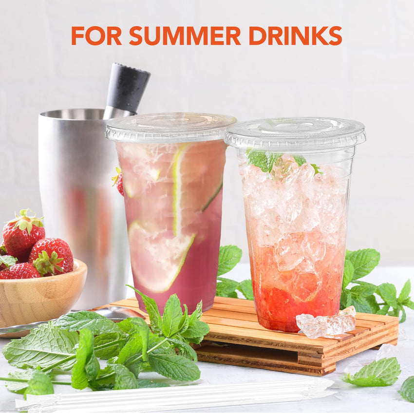 Glotoch Plastic Iced Coffee Cups with Lids and Straws [100 Sets - 16oz] Disposable Clear Crystal Plastic Cups with Lids BPA Free Small To Go Cold Cup for Cold Drinks, Milkshake, Juice - 7DAY'S