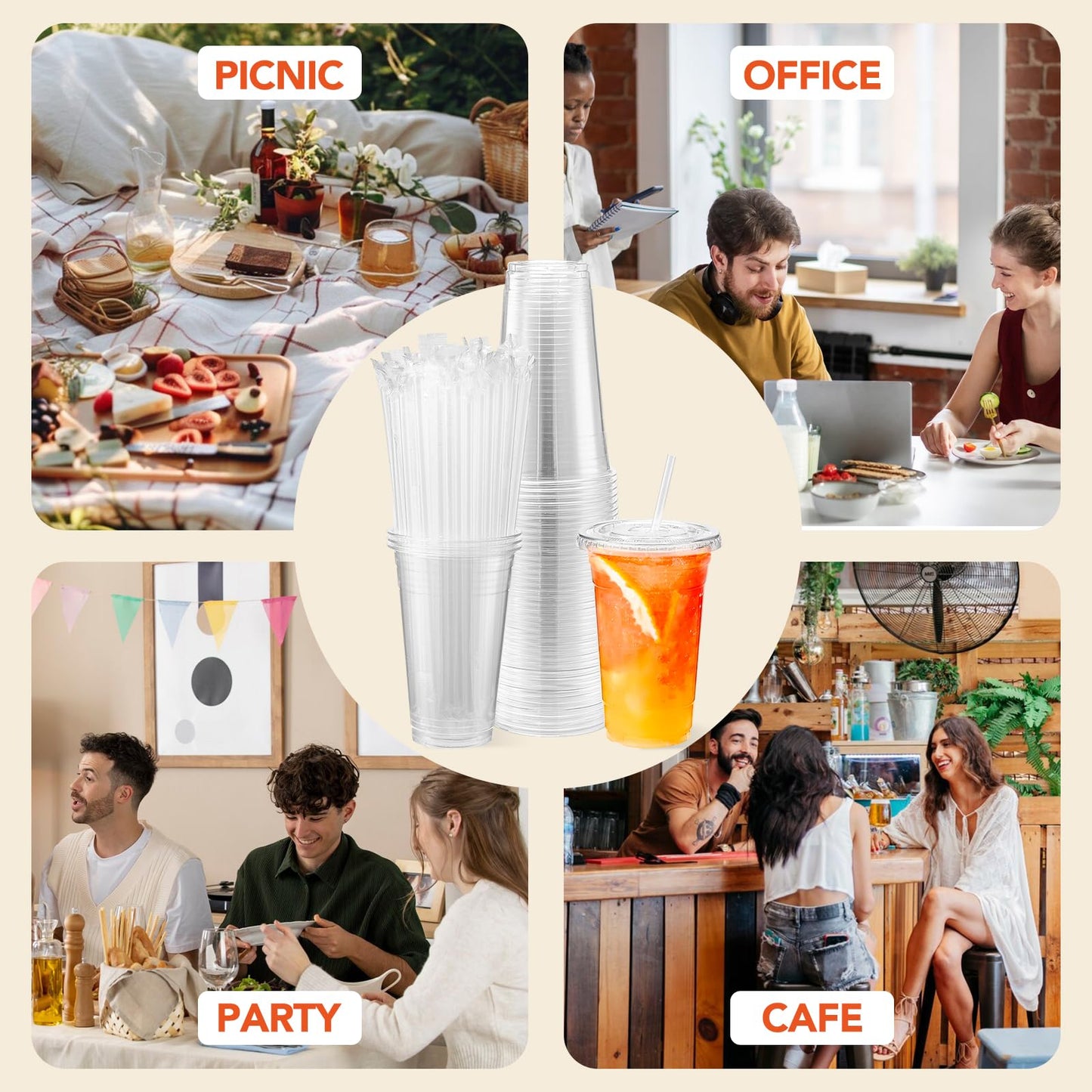 Glotoch Plastic Iced Coffee Cups with Lids and Straws [100 Sets - 16oz] Disposable Clear Crystal Plastic Cups with Lids BPA Free Small To Go Cold Cup for Cold Drinks, Milkshake, Juice - 7DAY'S