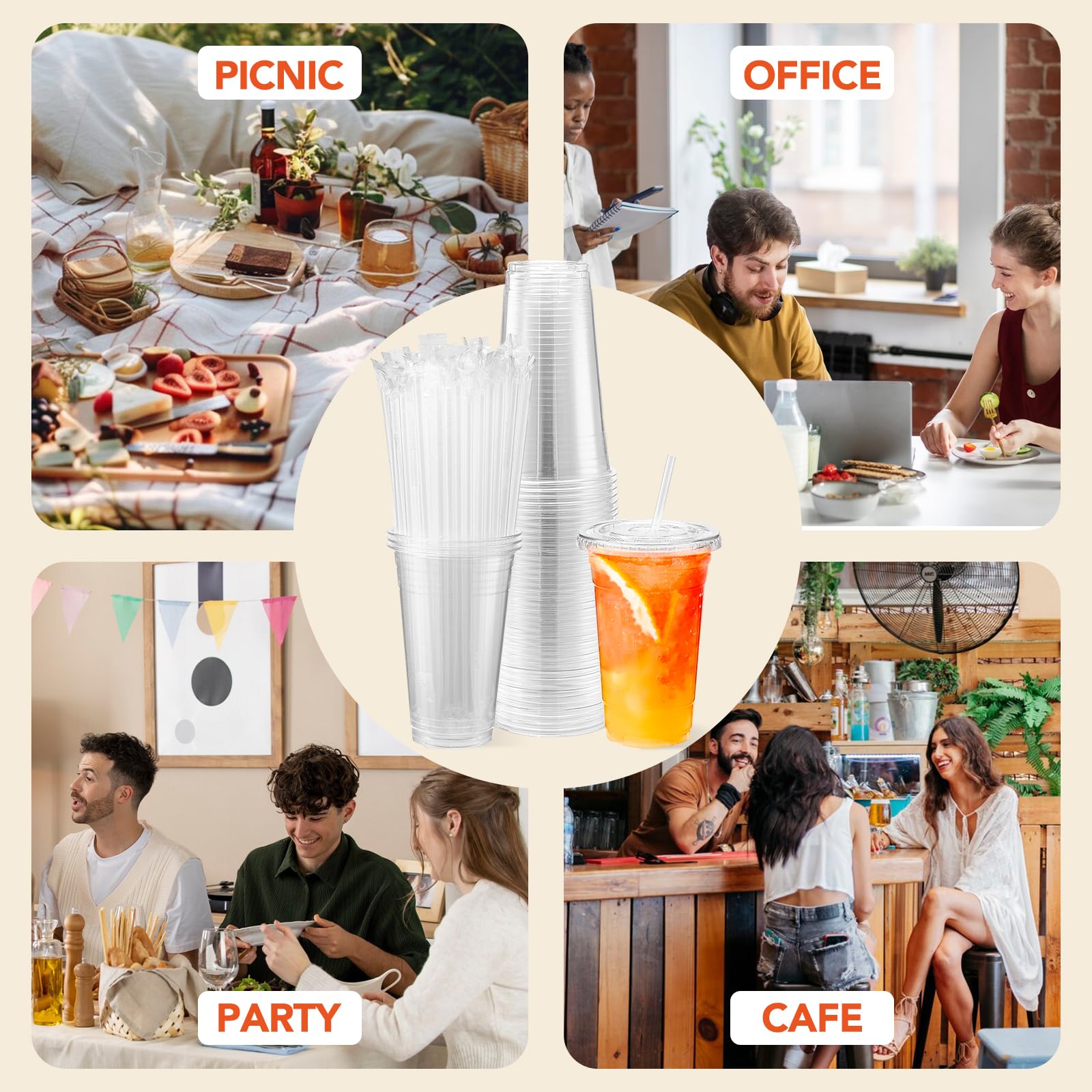 Glotoch Plastic Iced Coffee Cups with Lids and Straws [100 Sets - 16oz] Disposable Clear Crystal Plastic Cups with Lids BPA Free Small To Go Cold Cup for Cold Drinks, Milkshake, Juice - 7DAY'S