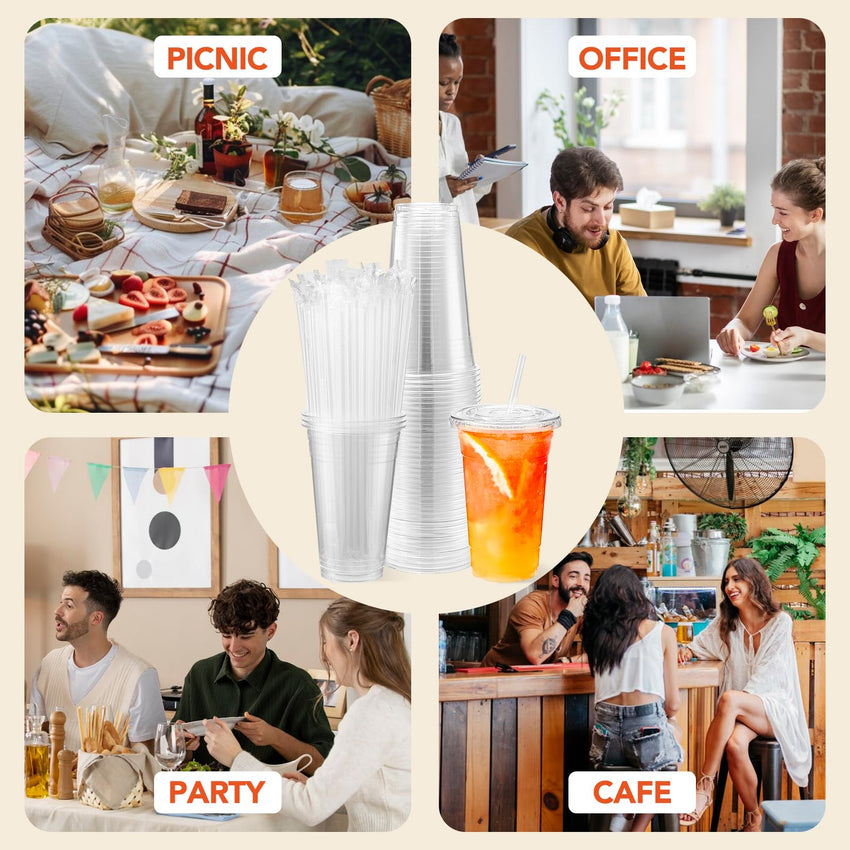 Glotoch Plastic Iced Coffee Cups with Lids and Straws [100 Sets - 16oz] Disposable Clear Crystal Plastic Cups with Lids BPA Free Small To Go Cold Cup for Cold Drinks, Milkshake, Juice - 7DAY'S