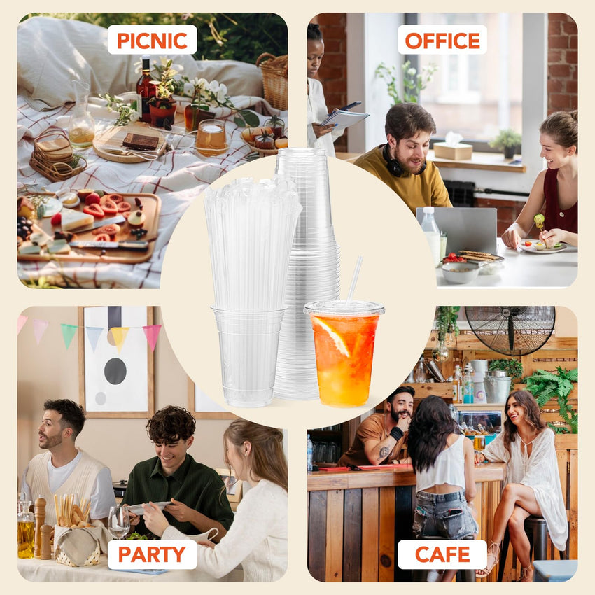 Glotoch Plastic Iced Coffee Cups with Lids and Straws [100 Sets - 16oz] Disposable Clear Crystal Plastic Cups with Lids BPA Free Small To Go Cold Cup for Cold Drinks, Milkshake, Juice - 7DAY'S