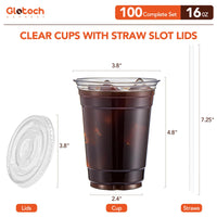 Glotoch Plastic Iced Coffee Cups with Lids and Straws [100 Sets - 16oz] Disposable Clear Crystal Plastic Cups with Lids BPA Free Small To Go Cold Cup for Cold Drinks, Milkshake, Juice - 7DAY'S
