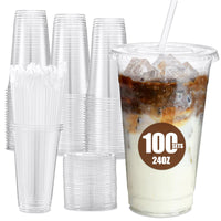 Glotoch Plastic Iced Coffee Cups with Lids and Straws [100 Sets - 16oz] Disposable Clear Crystal Plastic Cups with Lids BPA Free Small To Go Cold Cup for Cold Drinks, Milkshake, Juice - 7DAY'S