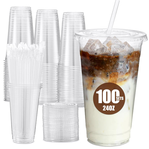 Glotoch Plastic Iced Coffee Cups with Lids and Straws [100 Sets - 16oz] Disposable Clear Crystal Plastic Cups with Lids BPA Free Small To Go Cold Cup for Cold Drinks, Milkshake, Juice - 7DAY'S