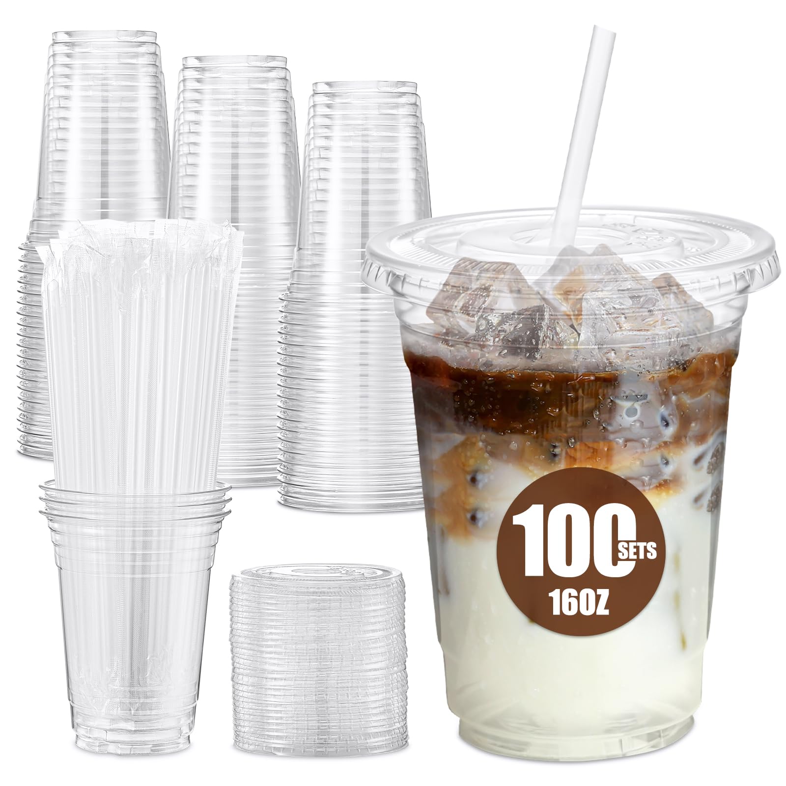 Glotoch Plastic Iced Coffee Cups with Lids and Straws [100 Sets - 16oz] Disposable Clear Crystal Plastic Cups with Lids BPA Free Small To Go Cold Cup for Cold Drinks, Milkshake, Juice - 7DAY'S