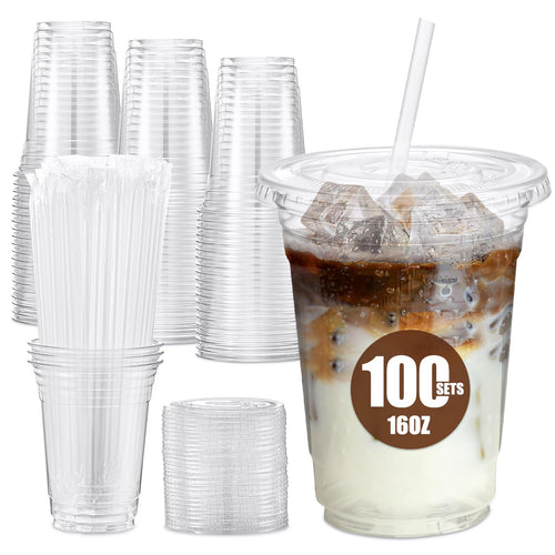 Glotoch Plastic Iced Coffee Cups with Lids and Straws [100 Sets - 16oz] Disposable Clear Crystal Plastic Cups with Lids BPA Free Small To Go Cold Cup for Cold Drinks, Milkshake, Juice