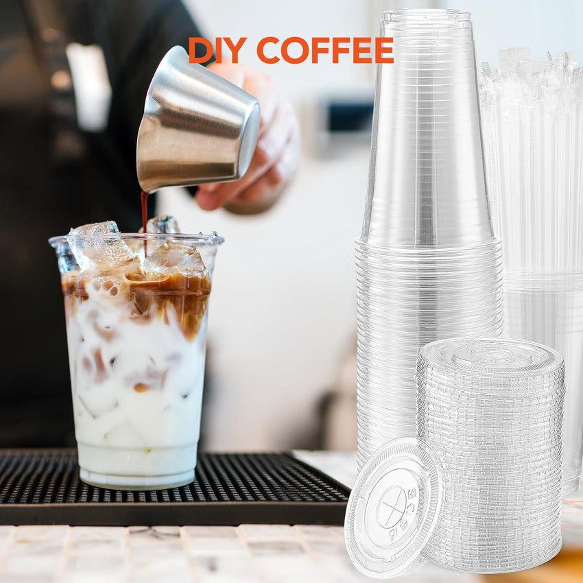 Glotoch Plastic Iced Coffee Cups with Lids and Straws [100 Sets - 16oz] Disposable Clear Crystal Plastic Cups with Lids BPA Free Small To Go Cold Cup for Cold Drinks, Milkshake, Juice - 7DAY'S