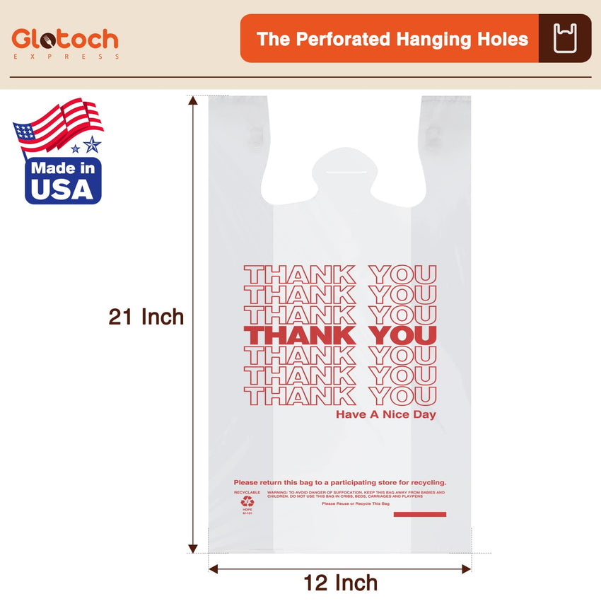 Glotoch Plastic Thank You Bags 1000 Count, 12" x 6.5" x 21" White Grocery Bags with Handles for Restaurant, Retail, Grocery Store, Takeout, Convenience Stores, T-shirt Shopping Bag in Bulk - 7DAY'S