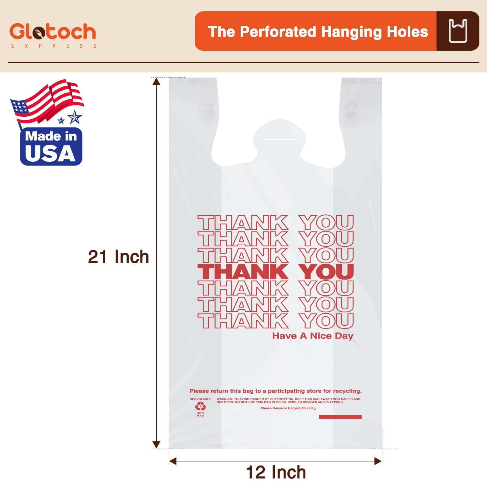 Glotoch Plastic Thank You Bags 1000 Count, 12" x 6.5" x 21" White Grocery Bags with Handles for Restaurant, Retail, Grocery Store, Takeout, Convenience Stores, T-shirt Shopping Bag in Bulk - 7DAY'S