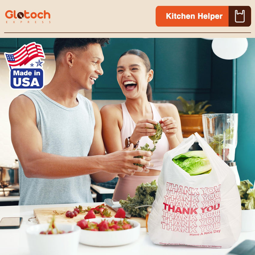 Glotoch Plastic Thank You Bags 1000 Count, 12" x 6.5" x 21" White Grocery Bags with Handles for Restaurant, Retail, Grocery Store, Takeout, Convenience Stores, T-shirt Shopping Bag in Bulk - 7DAY'S