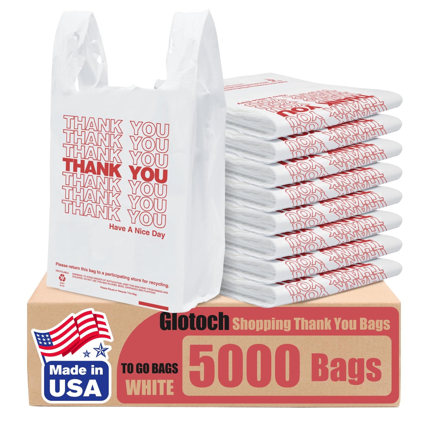 Glotoch Plastic Thank You Bags 1000 Count, 12" x 6.5" x 21" White Grocery Bags with Handles for Restaurant, Retail, Grocery Store, Takeout, Convenience Stores, T-shirt Shopping Bag in Bulk - 7DAY'S