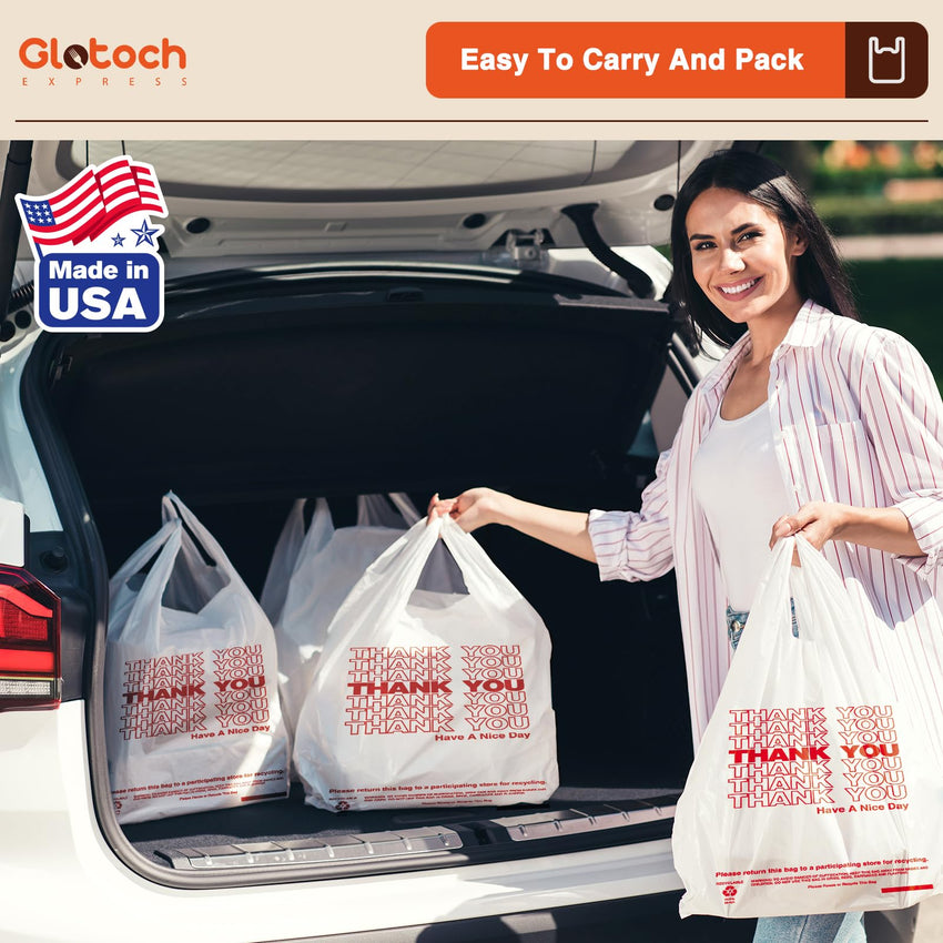 Glotoch Plastic Thank You Bags 1000 Count, 12" x 6.5" x 21" White Grocery Bags with Handles for Restaurant, Retail, Grocery Store, Takeout, Convenience Stores, T-shirt Shopping Bag in Bulk - 7DAY'S