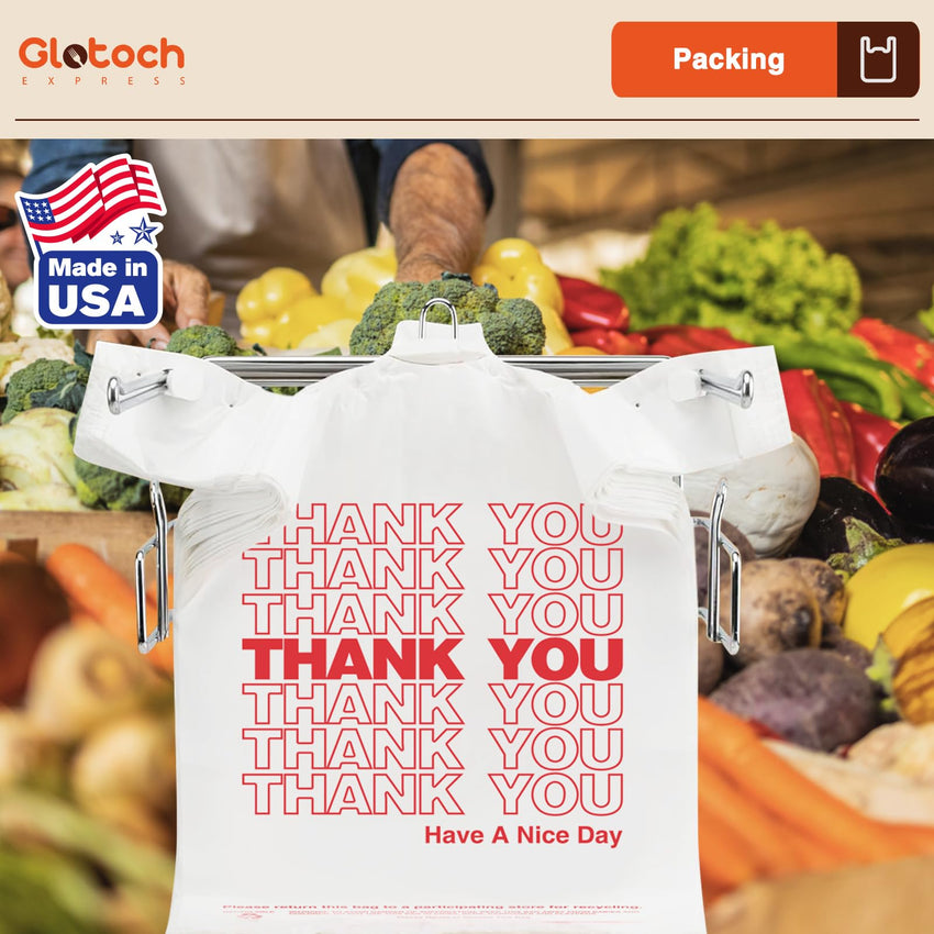 Glotoch Plastic Thank You Bags 1000 Count, 12" x 6.5" x 21" White Grocery Bags with Handles for Restaurant, Retail, Grocery Store, Takeout, Convenience Stores, T-shirt Shopping Bag in Bulk - 7DAY'S