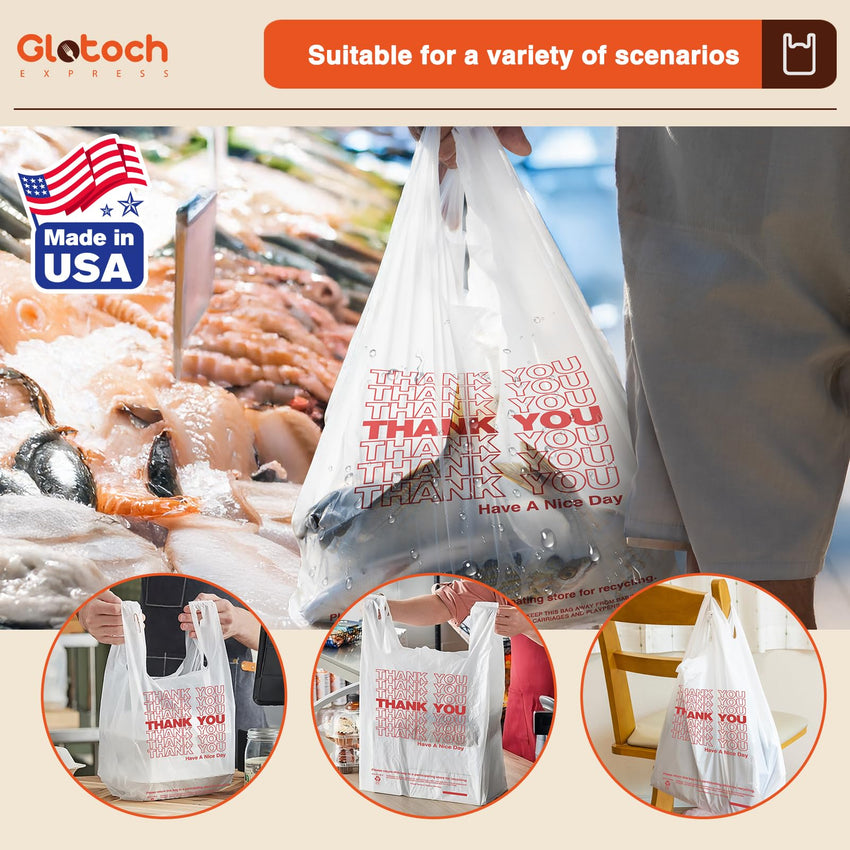 Glotoch Plastic Thank You Bags 1000 Count, 12" x 6.5" x 21" White Grocery Bags with Handles for Restaurant, Retail, Grocery Store, Takeout, Convenience Stores, T-shirt Shopping Bag in Bulk - 7DAY'S