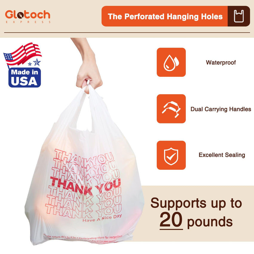 Glotoch Plastic Thank You Bags 1000 Count, 12" x 6.5" x 21" White Grocery Bags with Handles for Restaurant, Retail, Grocery Store, Takeout, Convenience Stores, T-shirt Shopping Bag in Bulk - 7DAY'S
