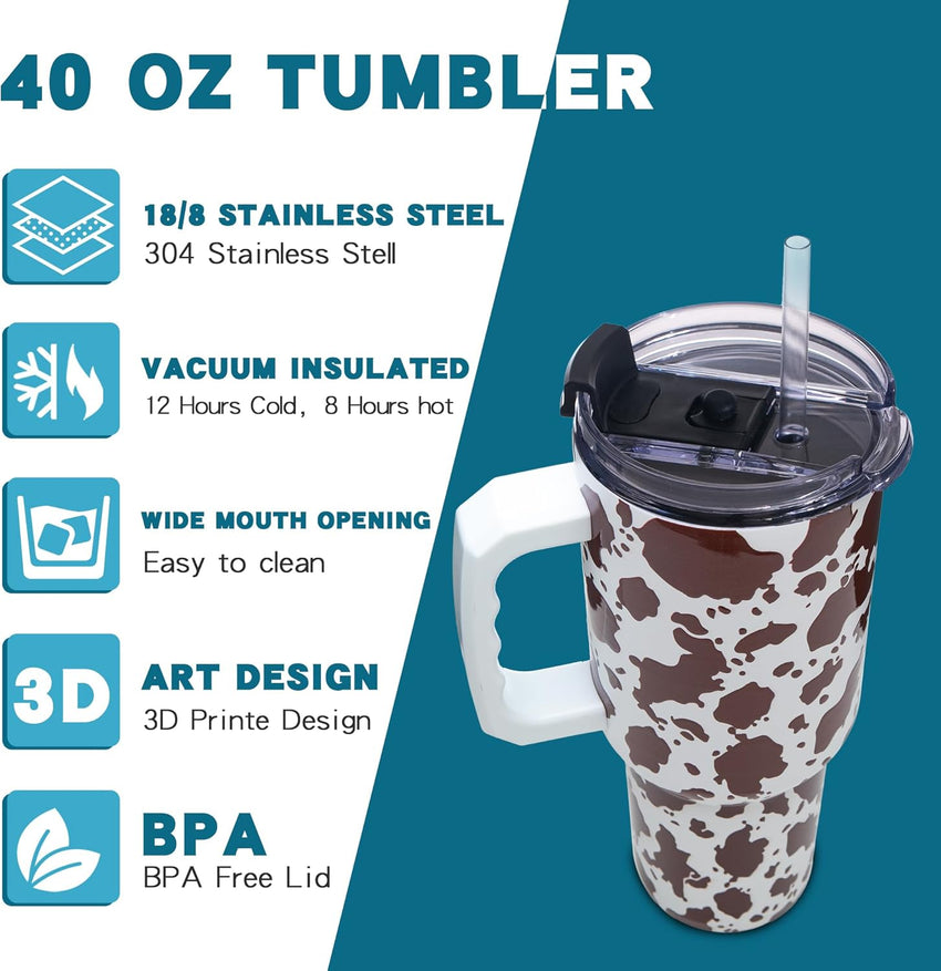 Gome 40 oz Camouflage Cow Print Tumbler with Handle - Insulated Stainless Steel Cow Cup with Lid and Straw - Keeps Drinks Cold and Hot, Birthday Gifts for Women - Hand Wash Only - 7DAY'S