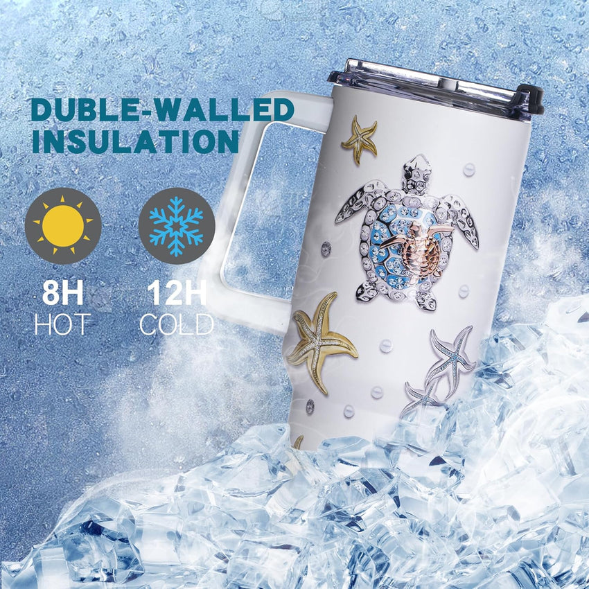 Gome 40 oz Sea Turtle Tumbler with Handle - Insulated Stainless Steel Ocean - Themed Cup with Lid and Straw - Keeps Drinks Cold and Hot,Birthday Gifts for Women - Hand Wash Only - 7DAY'S