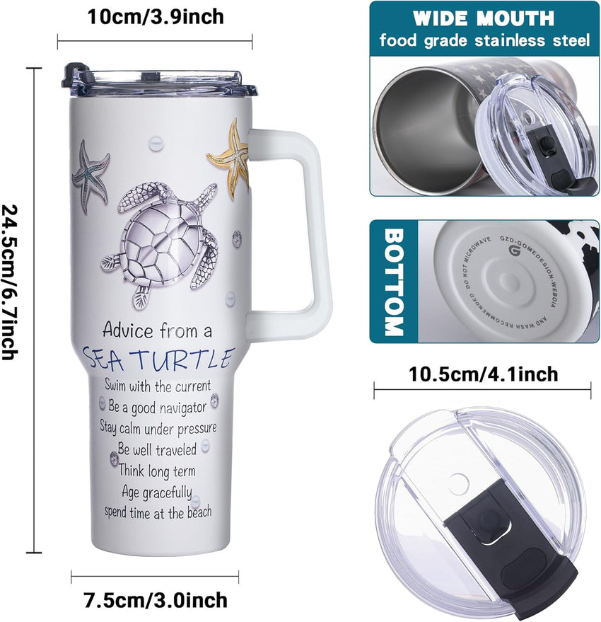 Gome 40 oz Sea Turtle Tumbler with Handle - Insulated Stainless Steel Ocean - Themed Cup with Lid and Straw - Keeps Drinks Cold and Hot,Birthday Gifts for Women - Hand Wash Only - 7DAY'S