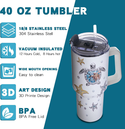 Gome 40 oz Sea Turtle Tumbler with Handle - Insulated Stainless Steel Ocean - Themed Cup with Lid and Straw - Keeps Drinks Cold and Hot,Birthday Gifts for Women - Hand Wash Only - 7DAY'S