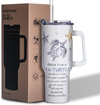 Gome 40 oz Sea Turtle Tumbler with Handle - Insulated Stainless Steel Ocean - Themed Cup with Lid and Straw - Keeps Drinks Cold and Hot,Birthday Gifts for Women - Hand Wash Only - 7DAY'S