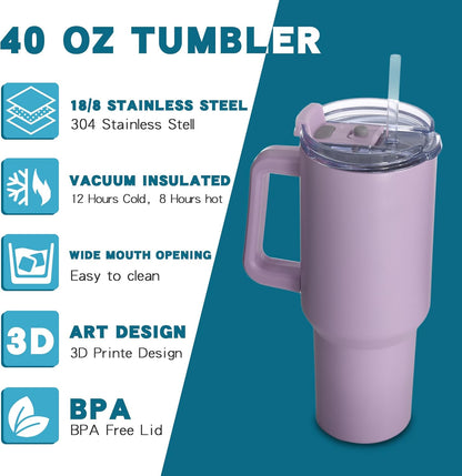 Gome 40 oz Tumbler with Handle - Stainless Steel Cup with Straw - Insulated Coffee Mug with Lid - Daisy Birthday Gifts for Women - Hand Wash Only Lavender purple - 7DAY'S