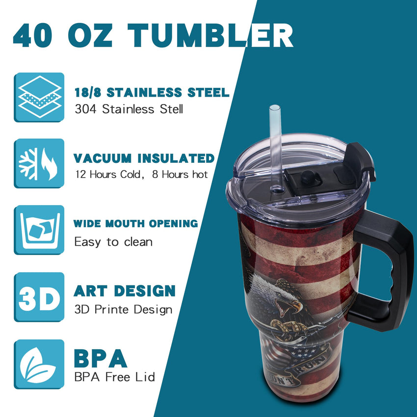 Gome 40oz American Flag & Eagle Tumbler – Patriotic 4th of July Gifts for Men, Veterans & Military, Insulated Stainless Steel Cup with Handle, Lid & Straw, Independence Day Gift for Dad - 7DAY'S