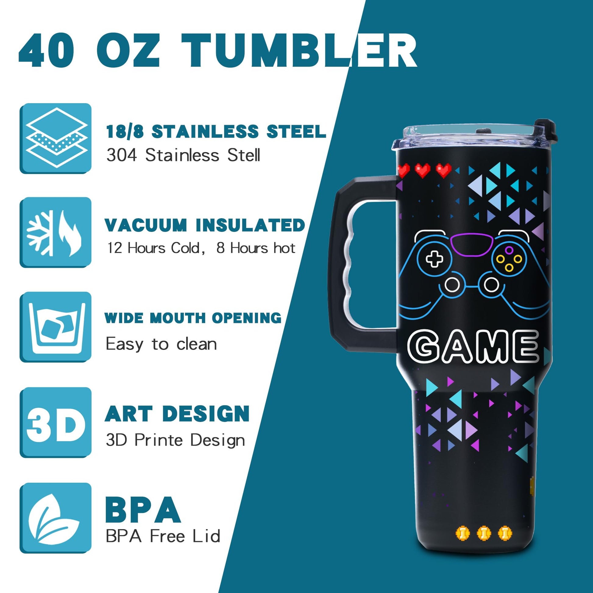 Gome 40oz Neon Gaming Tumbler - Gamer Gifts for Men & Boys - Birthday Gifts for Game Lovers, Boyfriend Insulated Stainless Steel Gamer Cup with Handle - 7DAY'S