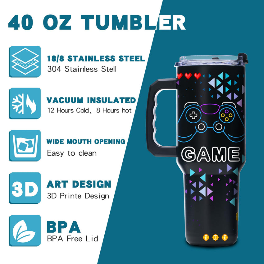 Gome 40oz Neon Gaming Tumbler - Gamer Gifts for Men & Boys - Birthday Gifts for Game Lovers, Boyfriend Insulated Stainless Steel Gamer Cup with Handle - 7DAY'S