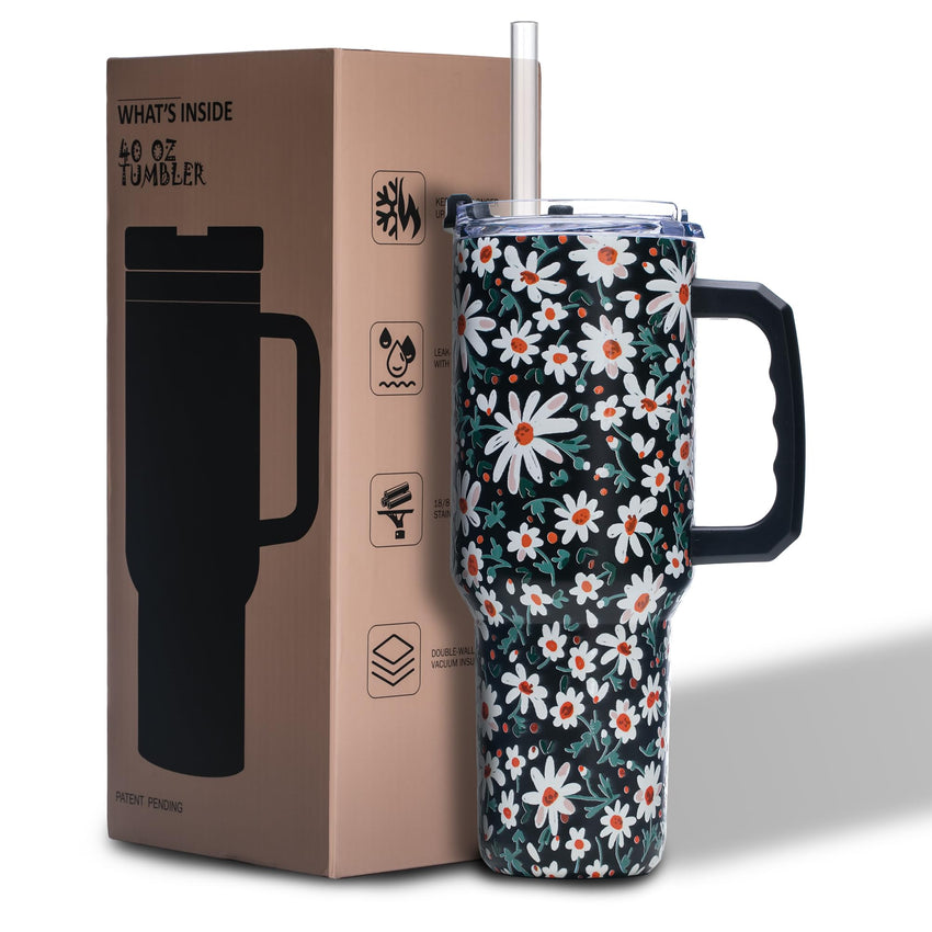 Gome Sunflower 40 oz Tumbler with Handle - Insulated Stainless Steel Sunflower Cup with Lid and Straw - Keeps Drinks Cold and Hot, Inspirational Birthday Gifts for Women - Hand Wash Only - 7DAY'S