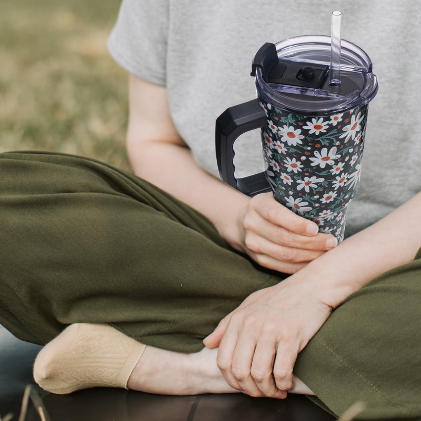 Gome Sunflower 40 oz Tumbler with Handle - Insulated Stainless Steel Sunflower Cup with Lid and Straw - Keeps Drinks Cold and Hot, Inspirational Birthday Gifts for Women - Hand Wash Only - 7DAY'S