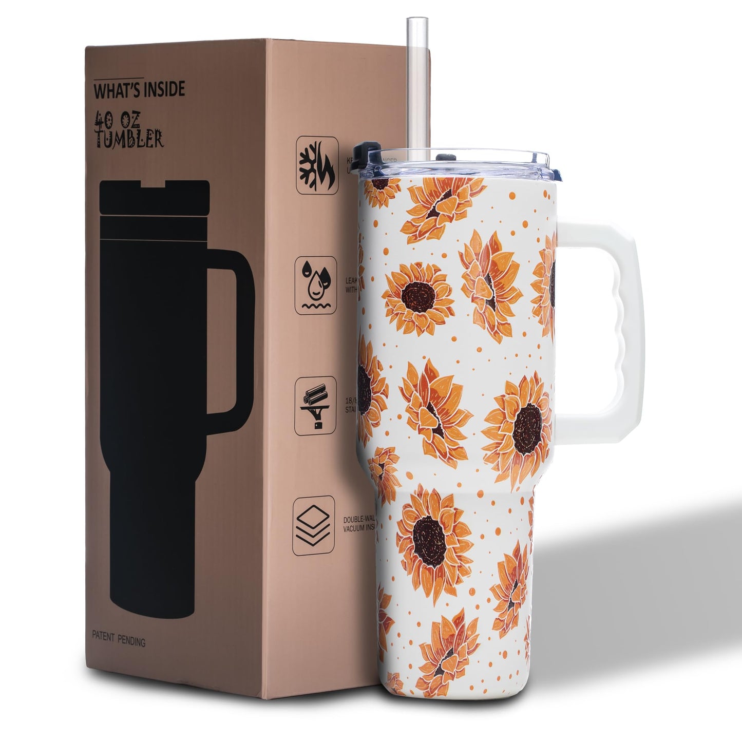 Gome Sunflower 40 oz Tumbler with Handle - Insulated Stainless Steel Sunflower Cup with Lid and Straw - Keeps Drinks Cold and Hot, Inspirational Birthday Gifts for Women - Hand Wash Only - 7DAY'S