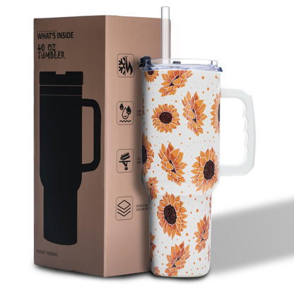 Gome Sunflower 40 oz Tumbler with Handle - Insulated Stainless Steel Sunflower Cup with Lid and Straw - Keeps Drinks Cold and Hot, Inspirational Birthday Gifts for Women - Hand Wash Only - 7DAY'S