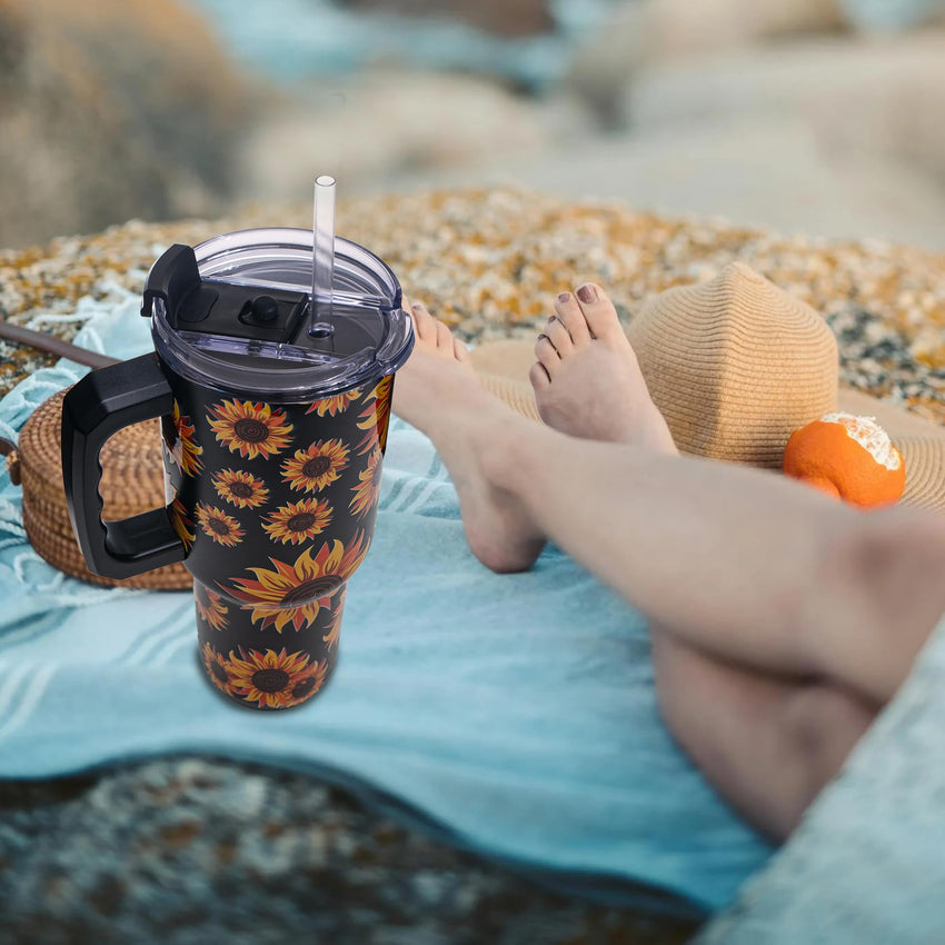 Gome Sunflower 40 oz Tumbler with Handle - Insulated Stainless Steel Sunflower Cup with Lid and Straw - Keeps Drinks Cold and Hot, Inspirational Birthday Gifts for Women - Hand Wash Only - 7DAY'S