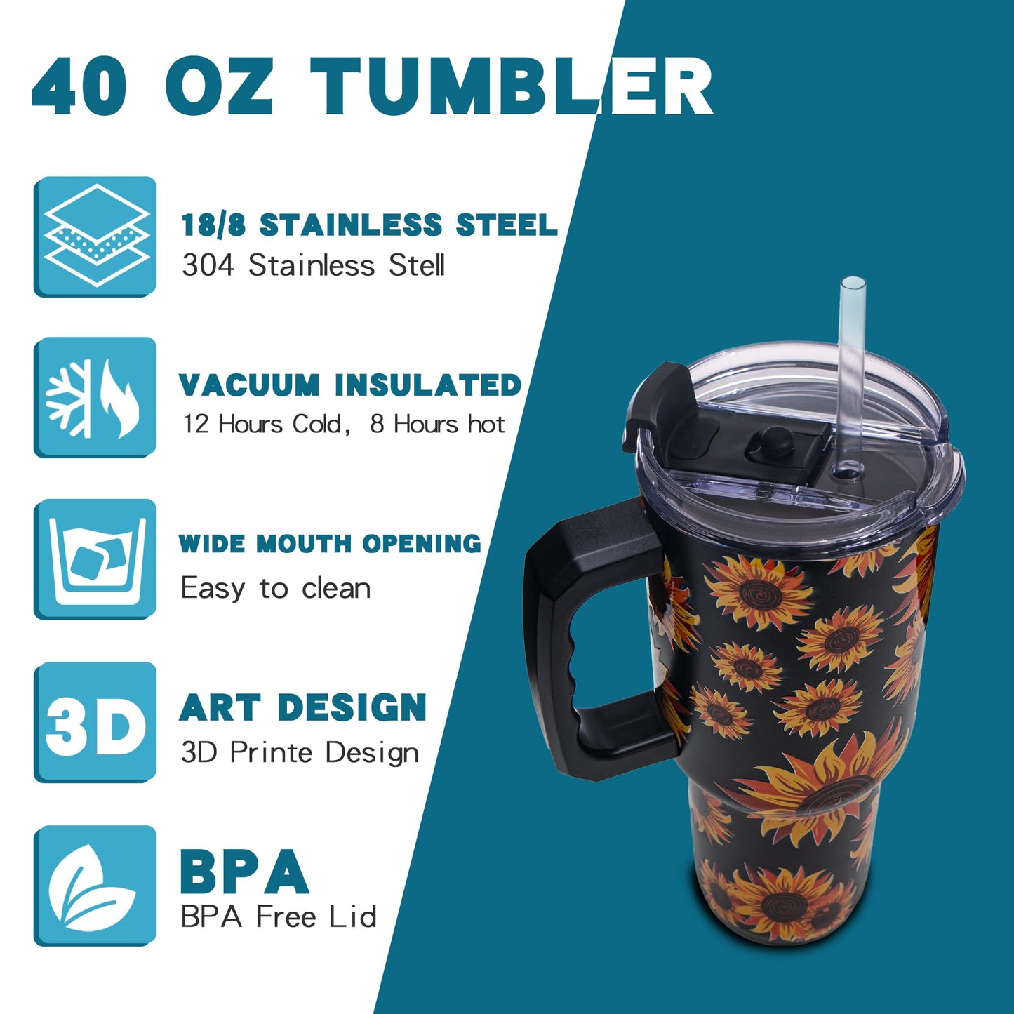 Gome Sunflower 40 oz Tumbler with Handle - Insulated Stainless Steel Sunflower Cup with Lid and Straw - Keeps Drinks Cold and Hot, Inspirational Birthday Gifts for Women - Hand Wash Only - 7DAY'S