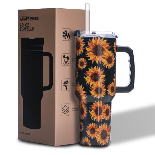 Gome Sunflower 40 oz Tumbler with Handle - Insulated Stainless Steel Sunflower Cup with Lid and Straw - Keeps Drinks Cold and Hot, Inspirational Birthday Gifts for Women - Hand Wash Only - 7DAY'S