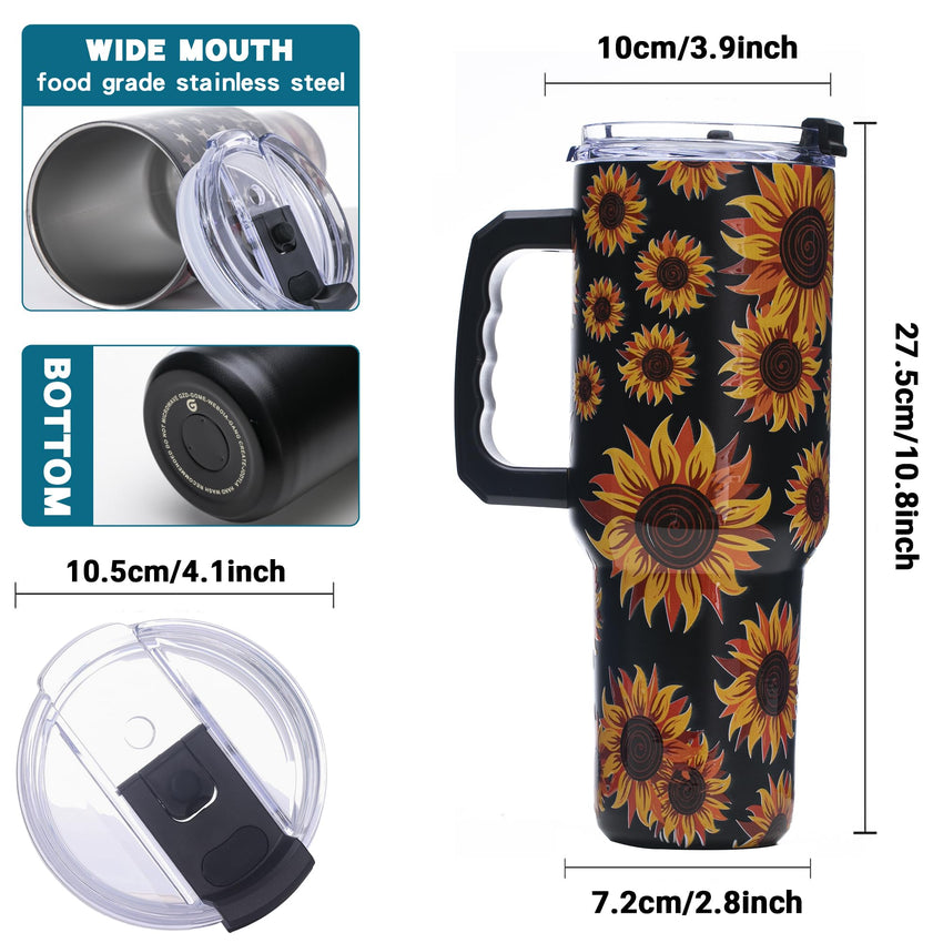 Gome Sunflower 40 oz Tumbler with Handle - Insulated Stainless Steel Sunflower Cup with Lid and Straw - Keeps Drinks Cold and Hot, Inspirational Birthday Gifts for Women - Hand Wash Only - 7DAY'S