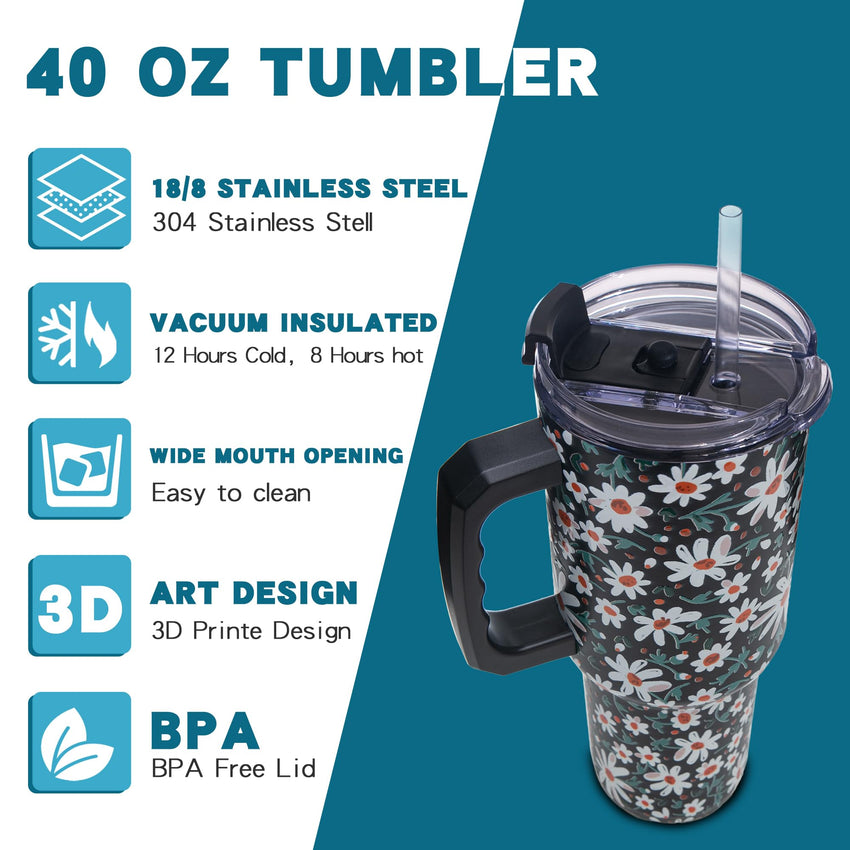 Gome Sunflower 40 oz Tumbler with Handle - Insulated Stainless Steel Sunflower Cup with Lid and Straw - Keeps Drinks Cold and Hot, Inspirational Birthday Gifts for Women - Hand Wash Only - 7DAY'S