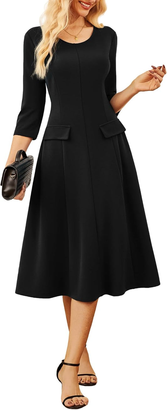 GRACE KARIN 2025 Wear to Work Dress for Women A Line Midi Fit 3/4 Sleeve Church Round Neck Business Dresses - 7DAY'S