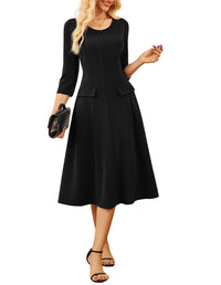 GRACE KARIN 2025 Wear to Work Dress for Women A Line Midi Fit 3/4 Sleeve Church Round Neck Business Dresses - 7DAY'S