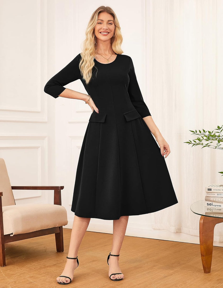 GRACE KARIN 2025 Wear to Work Dress for Women A Line Midi Fit 3/4 Sleeve Church Round Neck Business Dresses - 7DAY'S