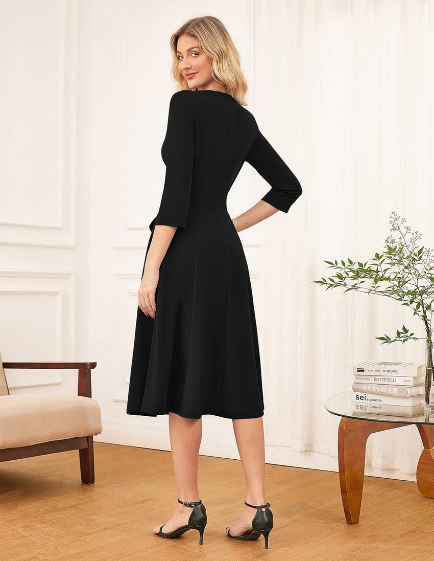 GRACE KARIN 2025 Wear to Work Dress for Women A Line Midi Fit 3/4 Sleeve Church Round Neck Business Dresses - 7DAY'S
